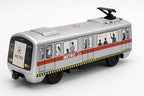 Silver metro train toy with red stripe, illustrated passengers, black wheels, and roof pantograph