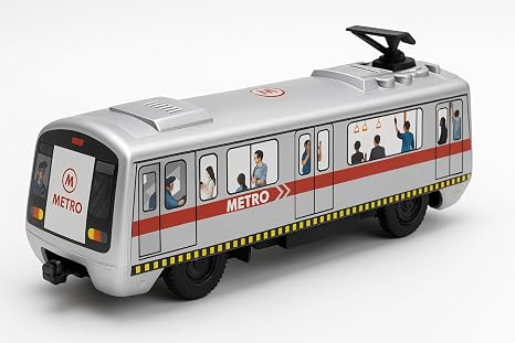 Silver metro train toy with red stripe, illustrated passengers, black wheels, and roof pantograph
