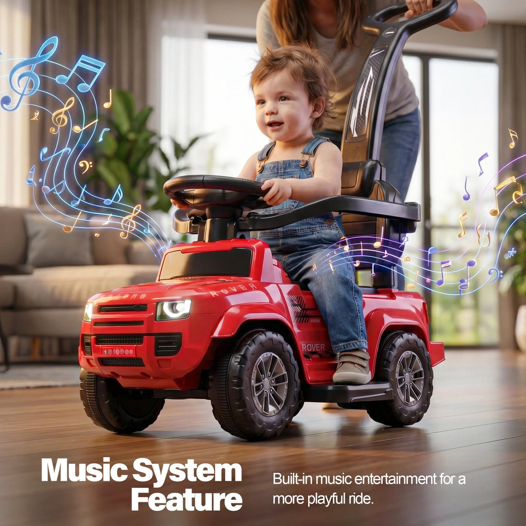 Red ride-on car with parental handle and backrest, carrying a child
