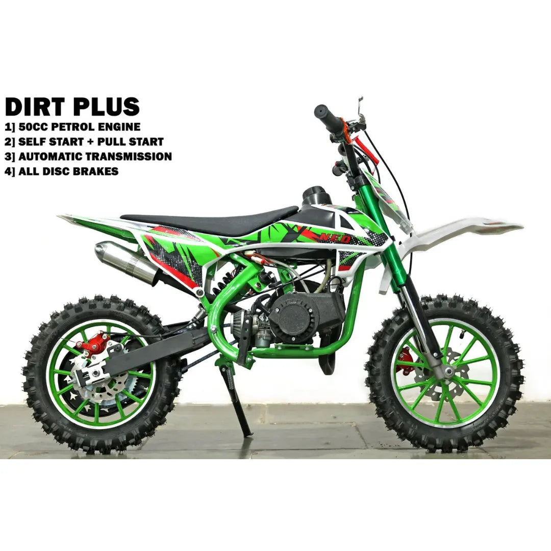 Kids mini dirt bike, side view with green frame, white body and disc brakes