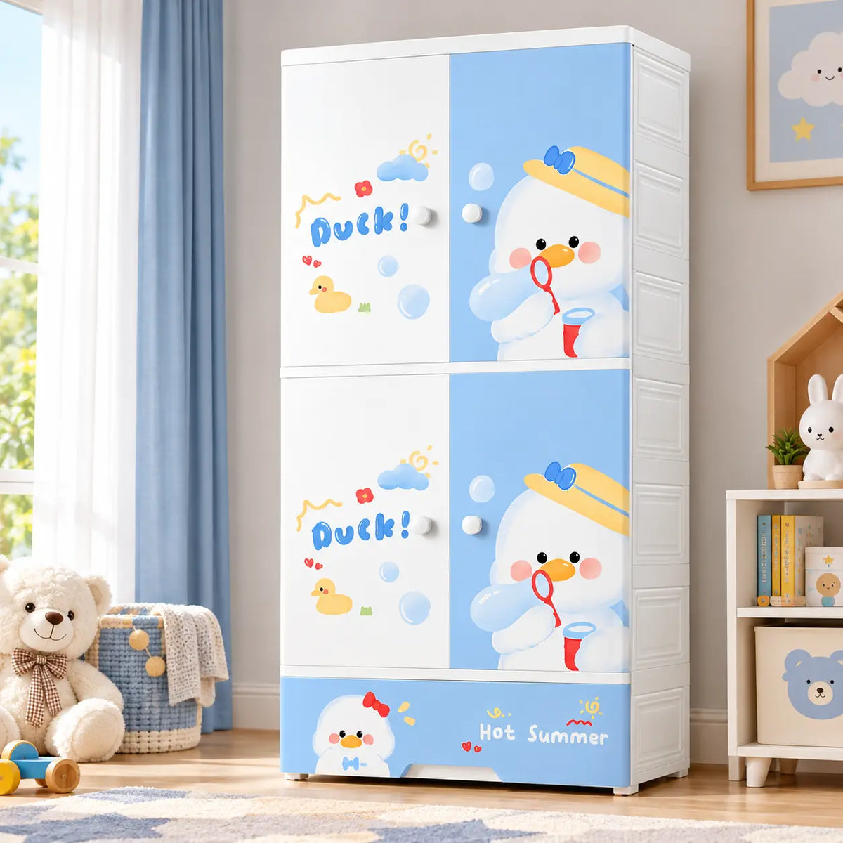 Kids storage cabinet with shelves and drawers, white with blue animal graphic panels