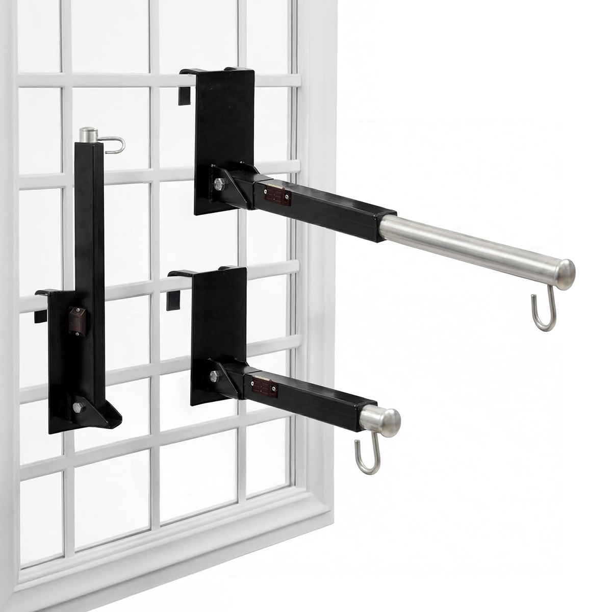 Window hanger bar with black brackets and silver rods, includes hanging hooks