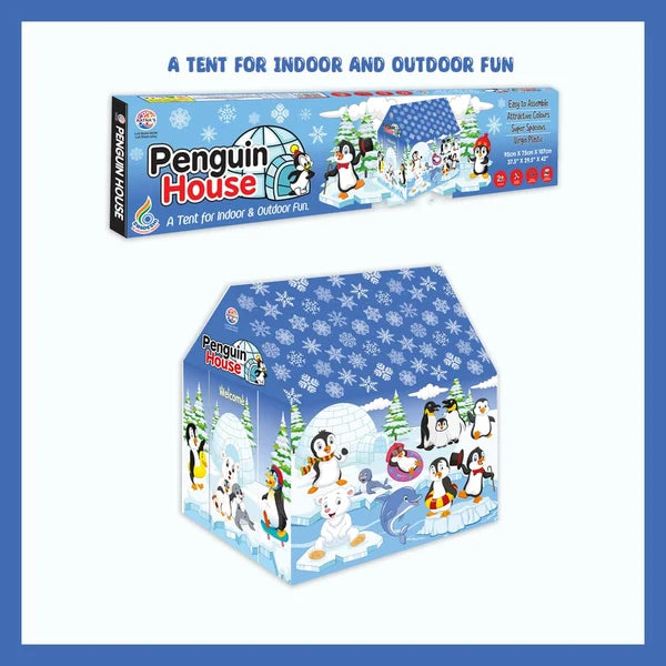 Penguin-print play tent shown with its retail box