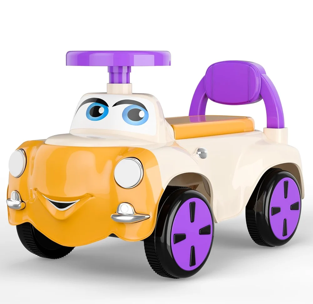 A children's ride-on toy car with a cartoon face, featuring a cream-colored body, a bright orange front bumper and hood, purple handle and backrest, and black wheels with purple hubcaps, shown on a white background.