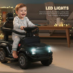 Black ride-on push car with a child at the wheel and glowing headlights