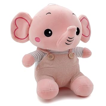 Angled view of pink elephant plush toy in ribbed overalls