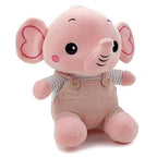 Angled view of pink elephant plush toy in ribbed overalls