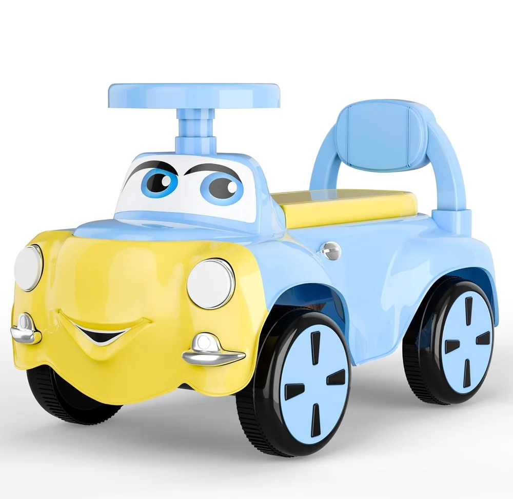 A children's ride-on toy car shaped like a cartoon vehicle, featuring a light blue body, yellow front and hood, black wheels with light blue rims, and cartoon eyes and a smile on the front.