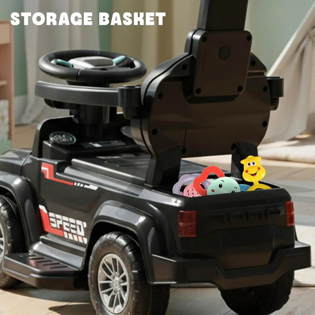 Black toddler ride-on car with rear storage basket holding toys