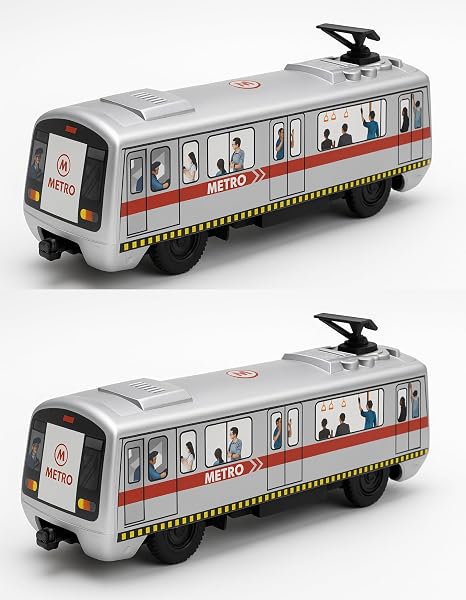 Silver metro train toy with red stripe and passenger graphics, shown from two rear-side angles