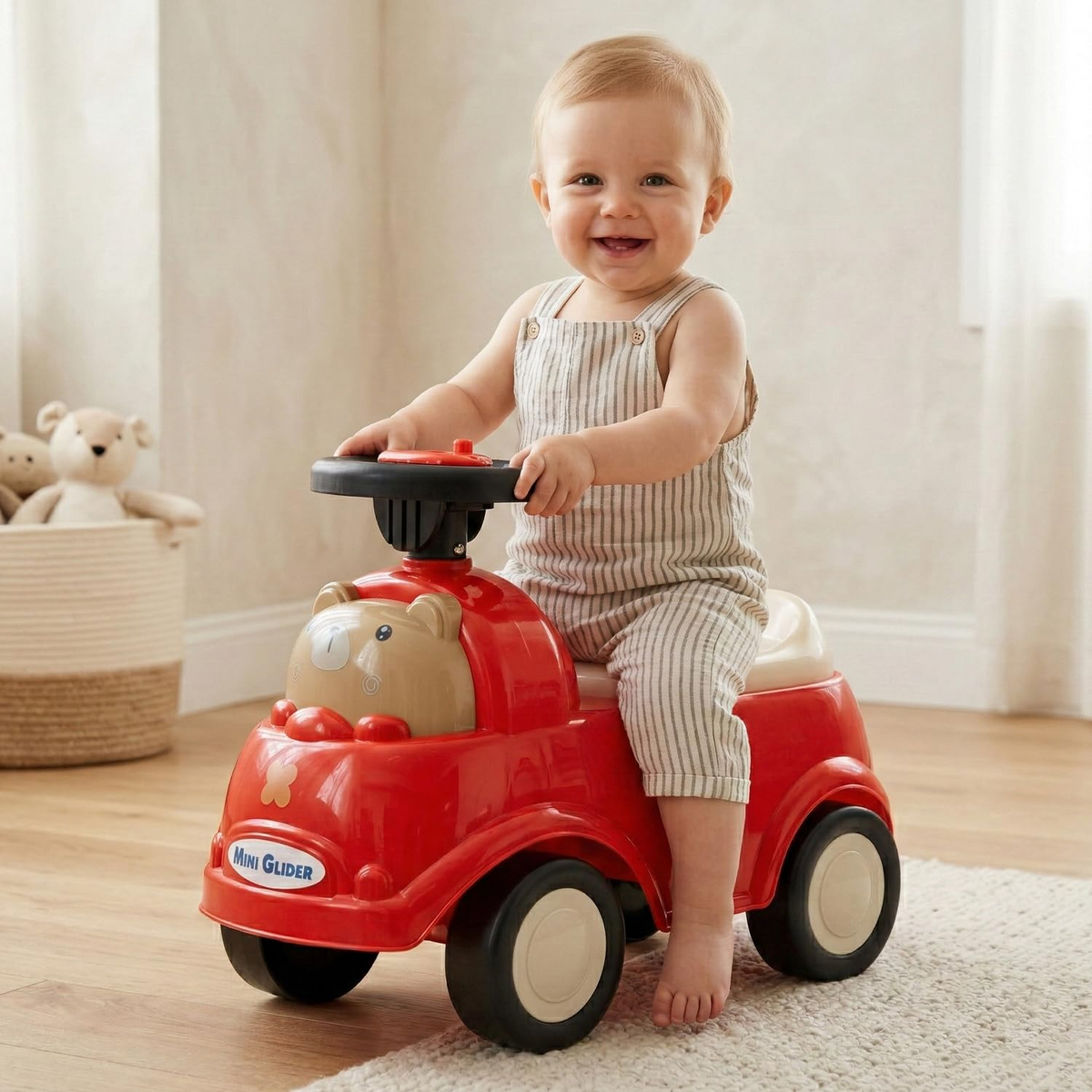 Mee Mee Mini Glider Kids Ride-On Car with LED Steering & Music, Foot-to-Floor Ride-On Toy with Storage, 360° Smooth Wheels, ISI Certified, Baby Ride-On Toy for Boys & Girls (1+ Years)