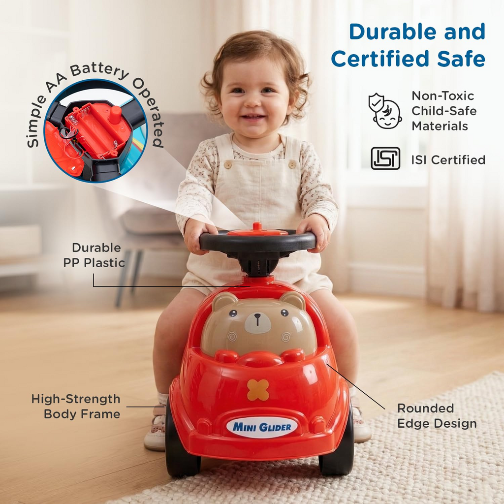 Mee Mee Mini Glider Kids Ride-On Car with LED Steering & Music, Foot-to-Floor Ride-On Toy with Storage, 360° Smooth Wheels, ISI Certified, Baby Ride-On Toy for Boys & Girls (1+ Years)