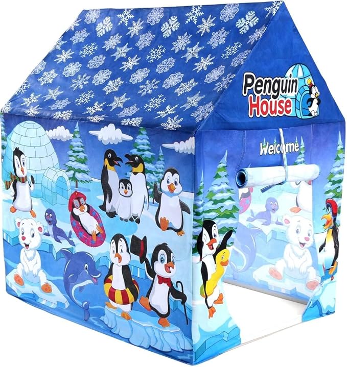 Foldable play tent with a blue snowflake roof, penguin prints, and roll-up doorway