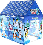 Foldable play tent with a blue snowflake roof, penguin prints, and roll-up doorway