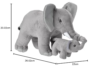 Wild Republic plush elephant set with adult and baby elephants, shown with size measurements