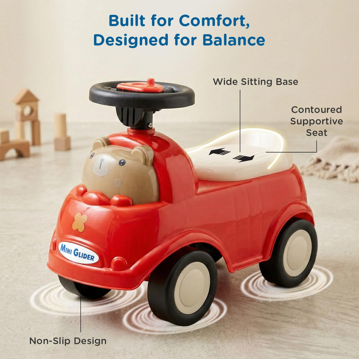 Mee Mee Mini Glider Kids Ride-On Car with LED Steering & Music, Foot-to-Floor Ride-On Toy with Storage, 360° Smooth Wheels, ISI Certified, Baby Ride-On Toy for Boys & Girls (1+ Years)