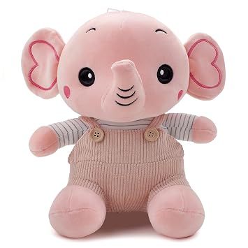 Front view of pink elephant plush toy in ribbed overalls and striped shirt