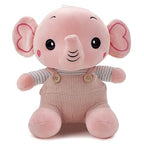 Front view of pink elephant plush toy in ribbed overalls and striped shirt
