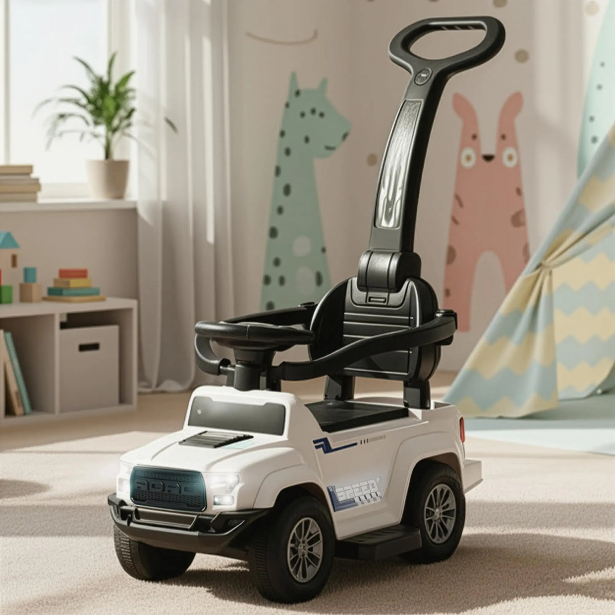 White toddler ride-on push car with parental handle, safety rail, and backrest