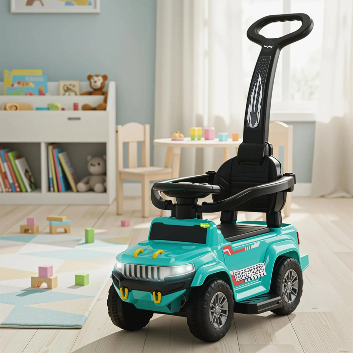 Baybee Speedy Pro teal ride-on car with parental handle and safety bar