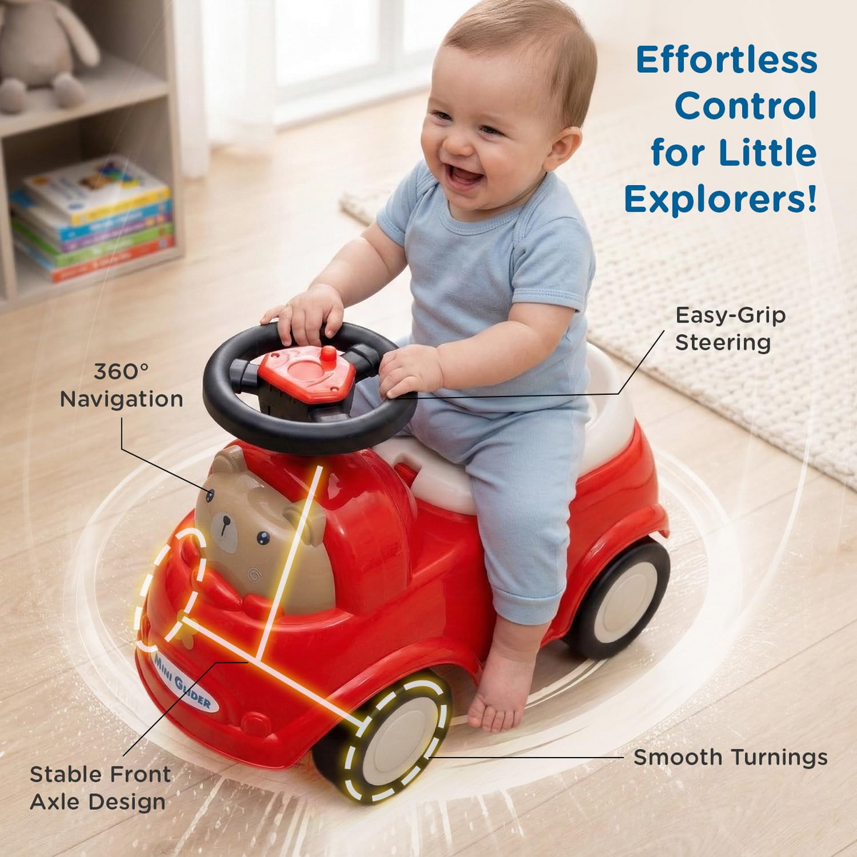 Mee Mee Mini Glider Kids Ride-On Car with LED Steering & Music, Foot-to-Floor Ride-On Toy with Storage, 360° Smooth Wheels, ISI Certified, Baby Ride-On Toy for Boys & Girls (1+ Years)