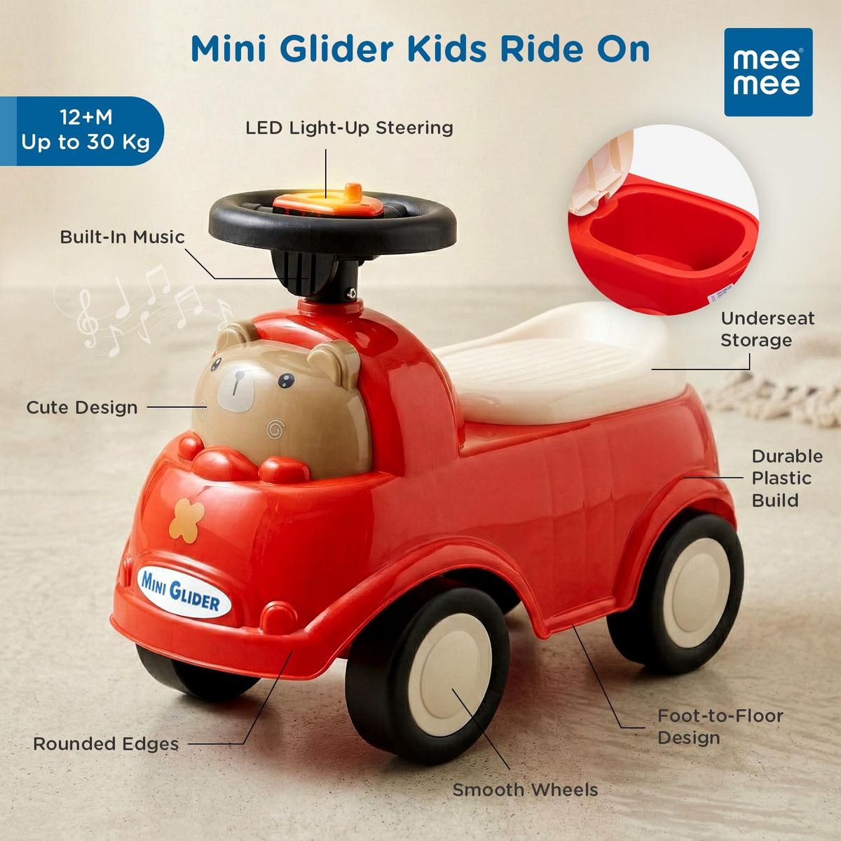 Mee Mee Mini Glider Kids Ride-On Car with LED Steering & Music, Foot-to-Floor Ride-On Toy with Storage, 360° Smooth Wheels, ISI Certified, Baby Ride-On Toy for Boys & Girls (1+ Years)