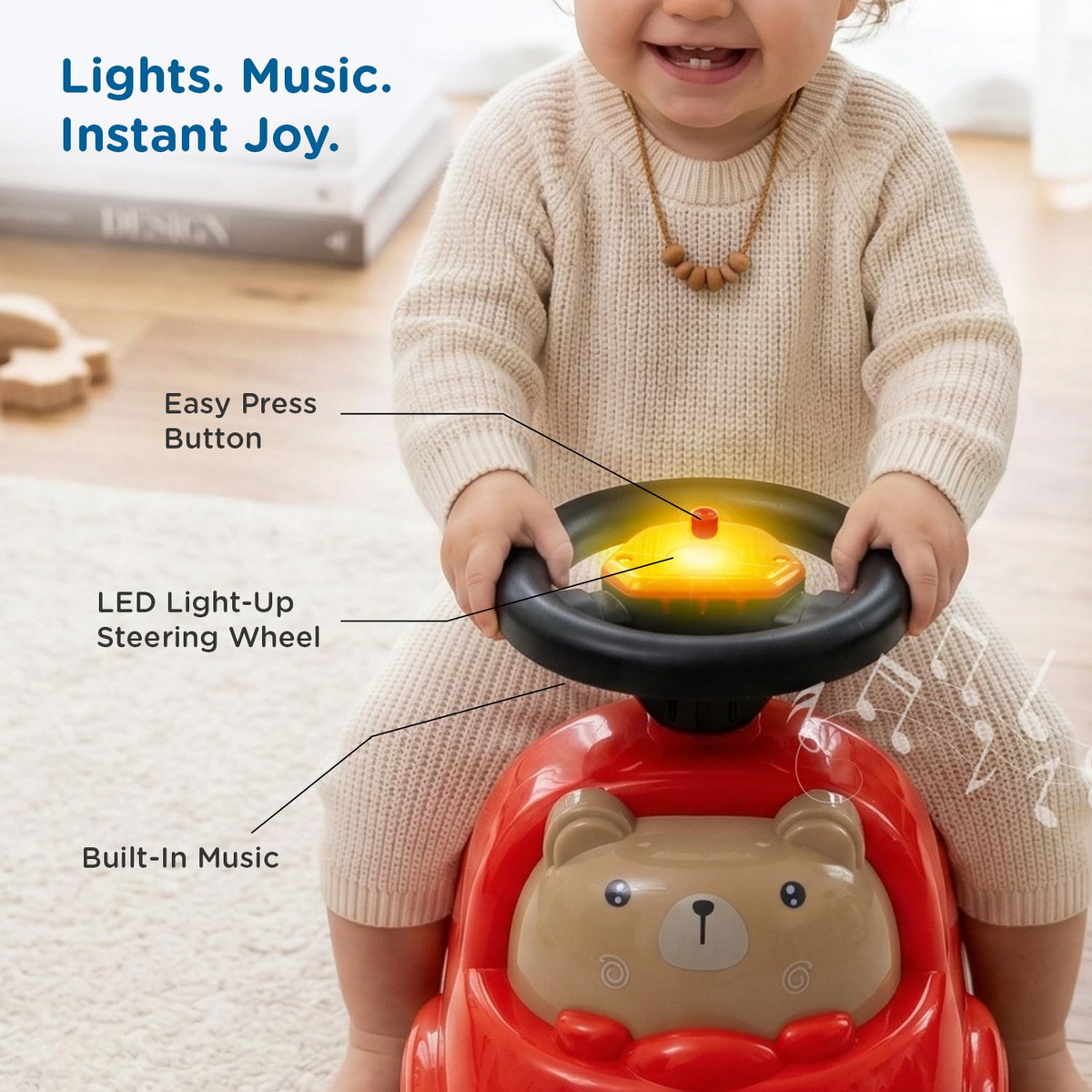 Mee Mee Mini Glider Kids Ride-On Car with LED Steering & Music, Foot-to-Floor Ride-On Toy with Storage, 360° Smooth Wheels, ISI Certified, Baby Ride-On Toy for Boys & Girls (1+ Years)