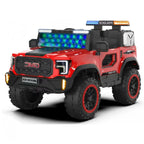 Red kids ride-on electric jeep with LED light bar and glowing headlight accents