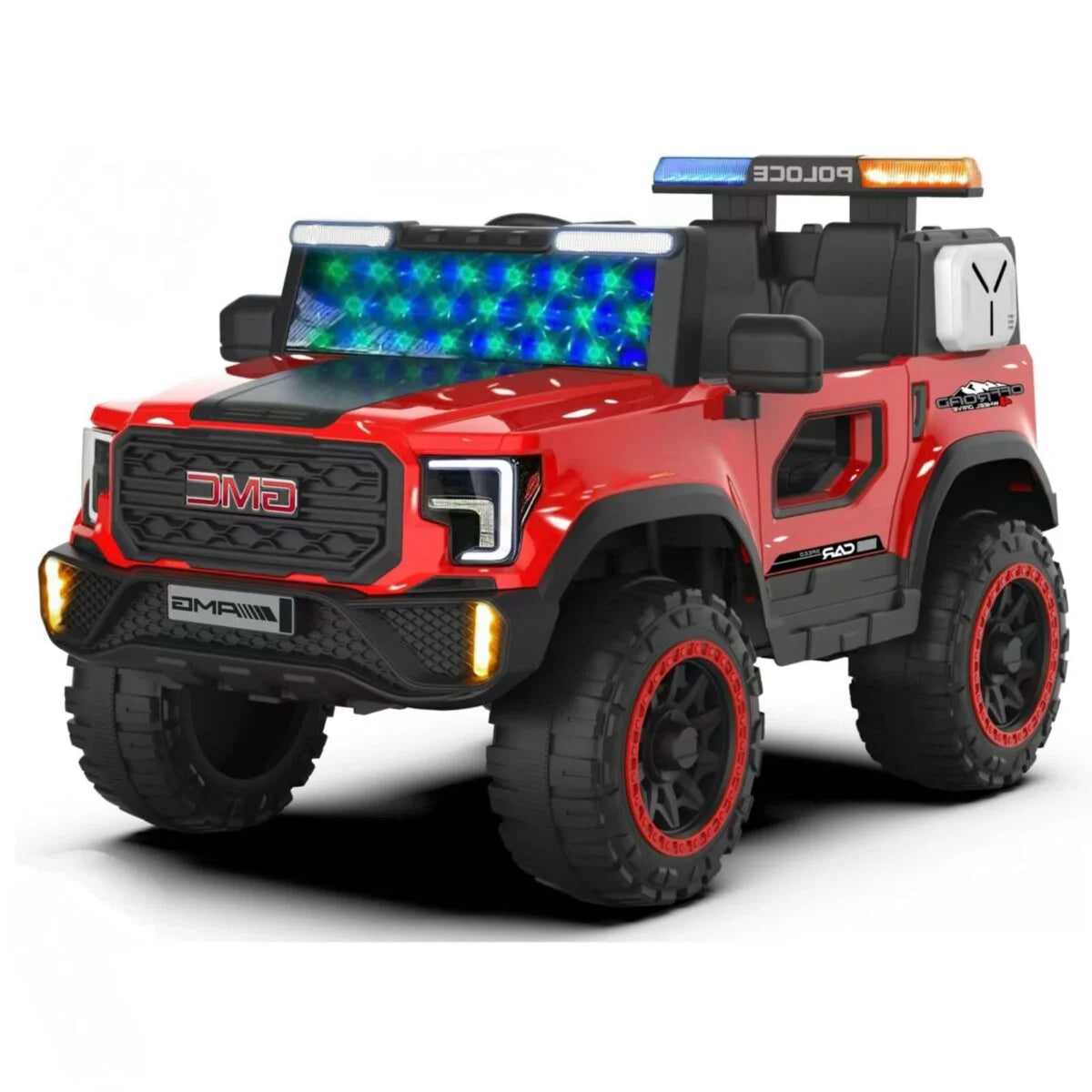 Red kids ride-on electric jeep with LED light bar and glowing headlight accents