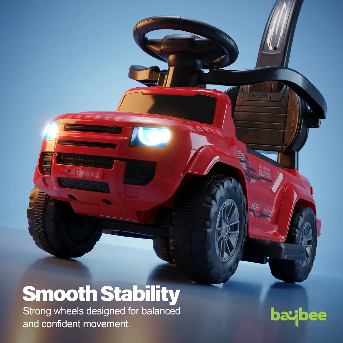 Red toddler ride-on car with large wheels, backrest and illuminated headlights