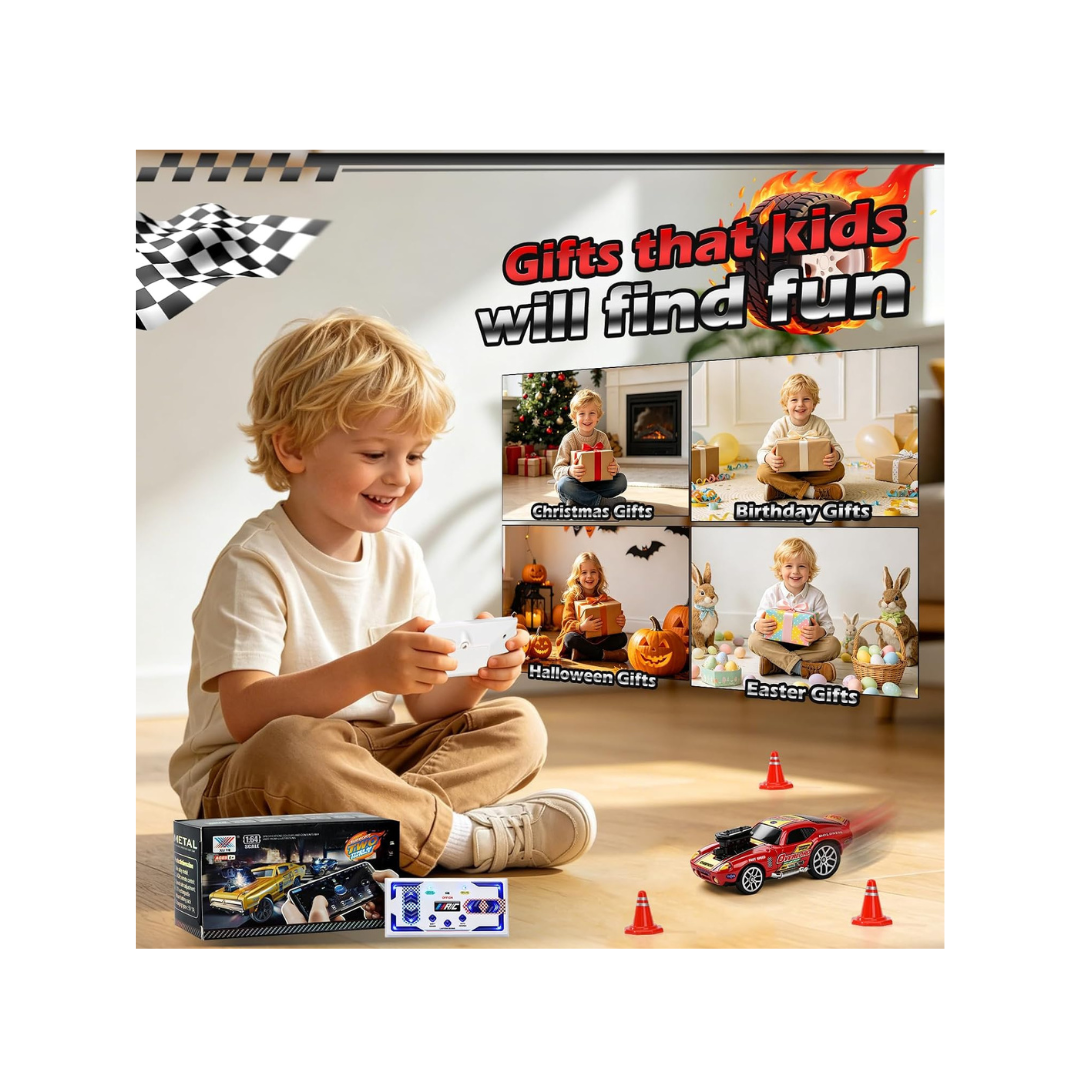 Mini Drift RC Car 1:64, Remote Control Car with 3 Speed, 2.4GHz and Bluetooth App, Metal Body, Drift Car for Kids from 6 Years Old (Red)