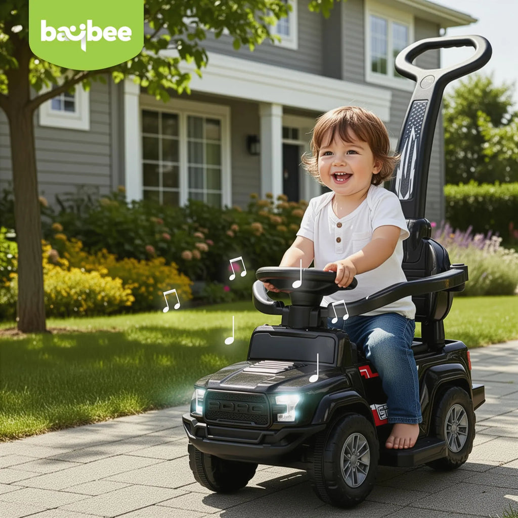 Black ride-on push car with parental handle and musical steering wheel