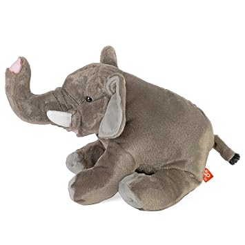 Side view of the gray elephant plush toy with raised trunk, white tusk, and floppy ear