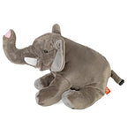 Side view of the gray elephant plush toy with raised trunk, white tusk, and floppy ear
