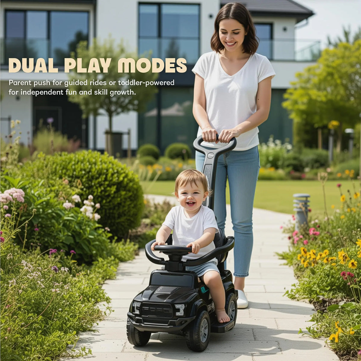 Black toddler ride-on push car with parent handle for guided rides