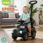 Black toddler ride-on push car with parental handle, safety rail, and illuminated headlights