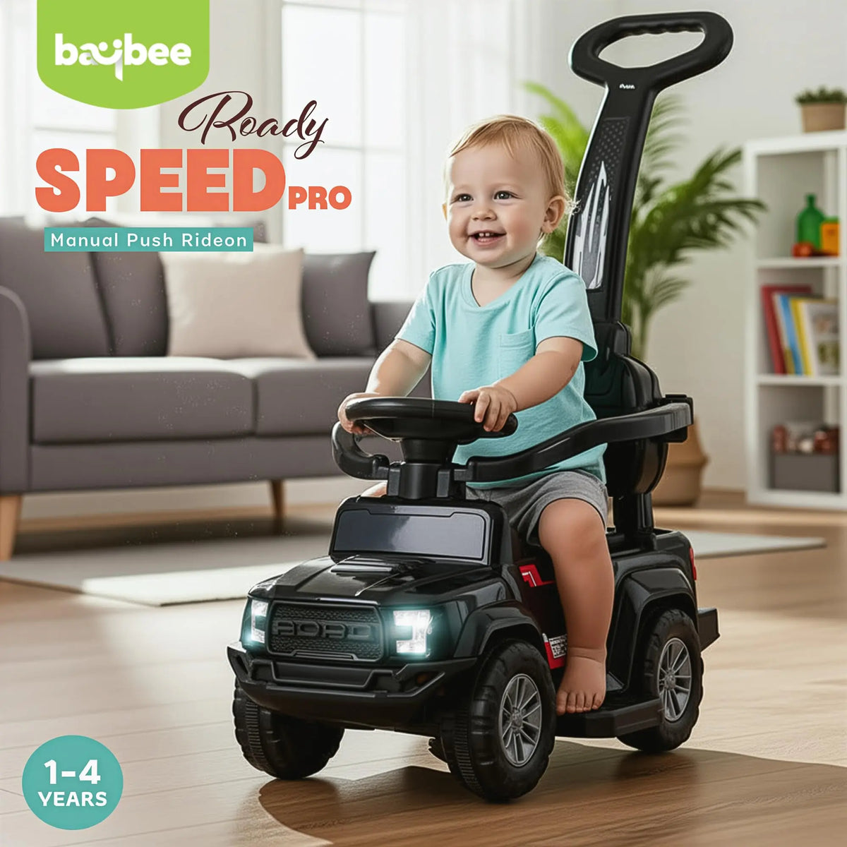 Black toddler ride-on push car with parental handle, safety rail, and illuminated headlights