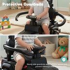 Black toddler ride-on car with wraparound safety guardrails around the seat