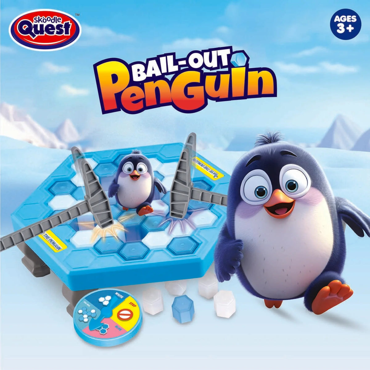 Blue penguin ice breaker balance toy with central game base, hammer rails, and ice hex pieces