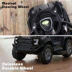 Black ride-on car with musical steering wheel and durable wheels