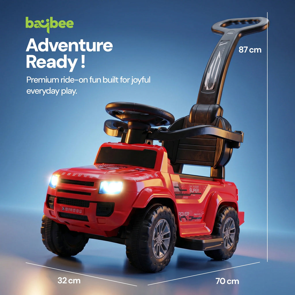 Red toddler push car with parental handle, safety rail and backrest
