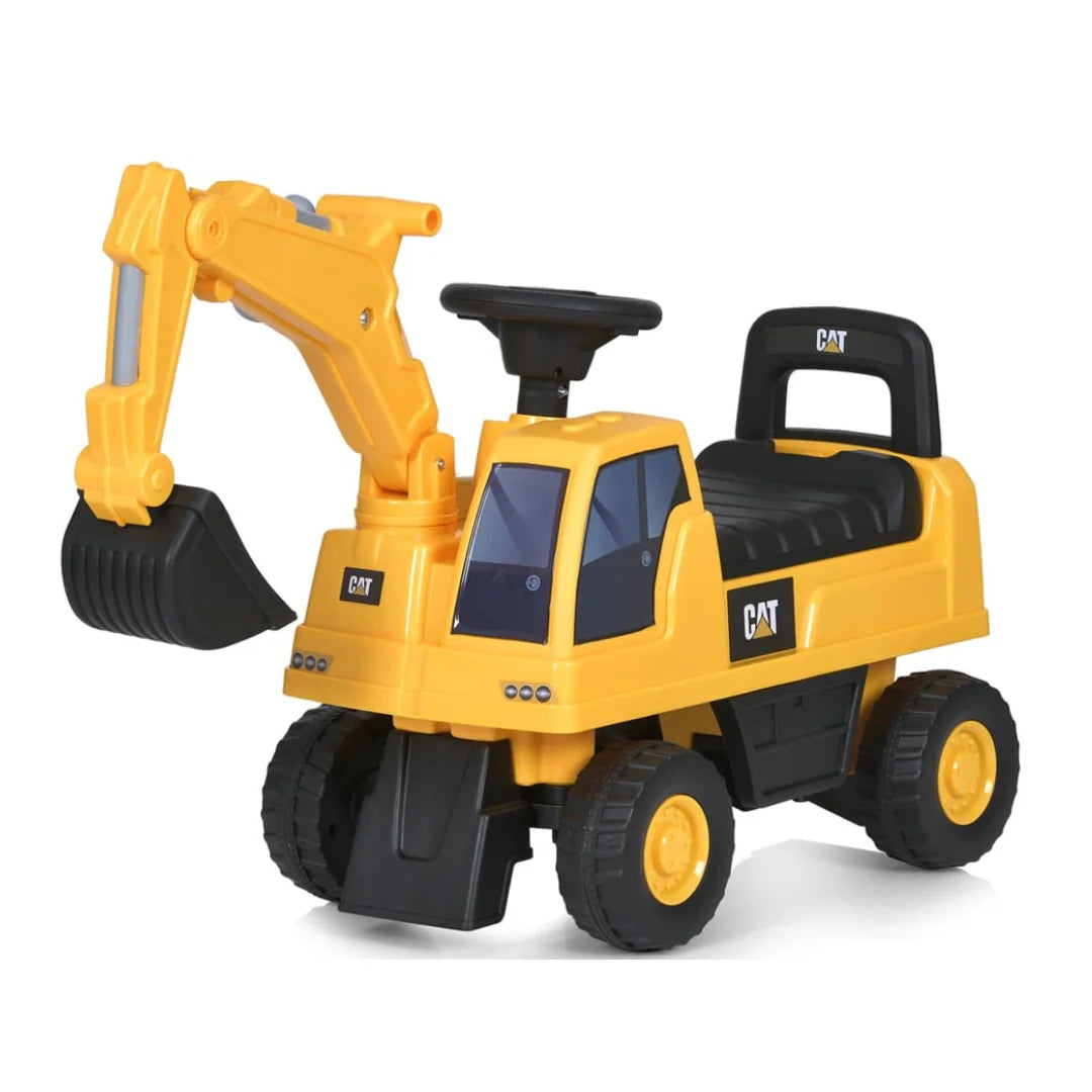 Yellow CAT ride-on excavator toy with black cab, rotatable digging bucket, wide wheels