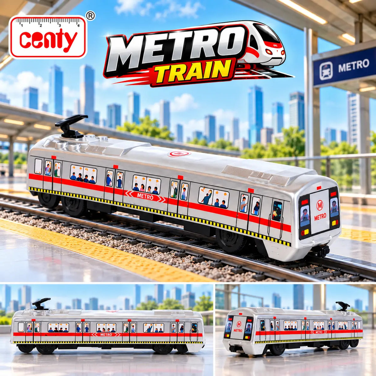 Silver metro train toy with red stripe and passenger graphics, shown on tracks and from two angles