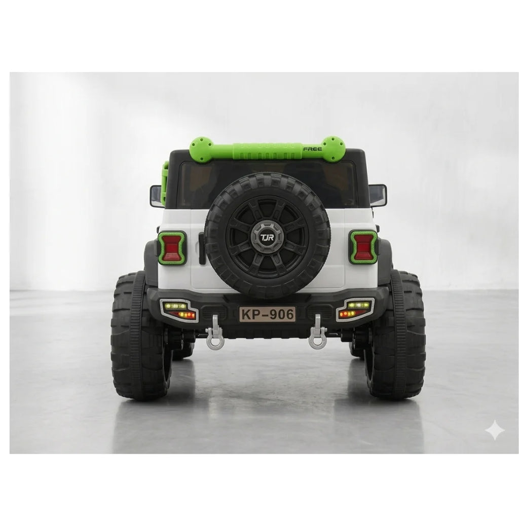 White electric ride-on jeep with rear spare wheel, green roof, and LED tail lights