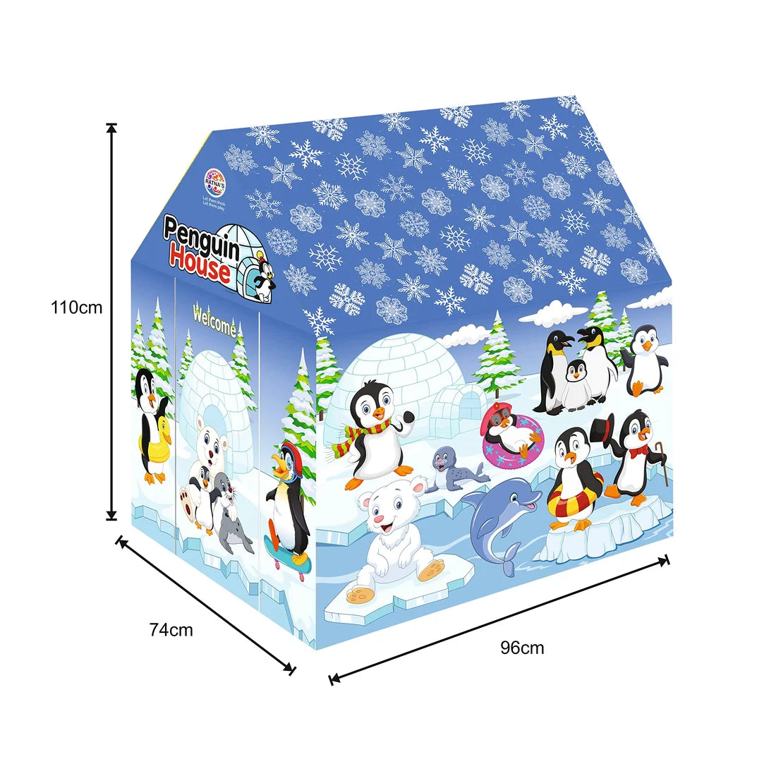 Penguin-print play tent with dimensions of 96 by 74 by 110 cm