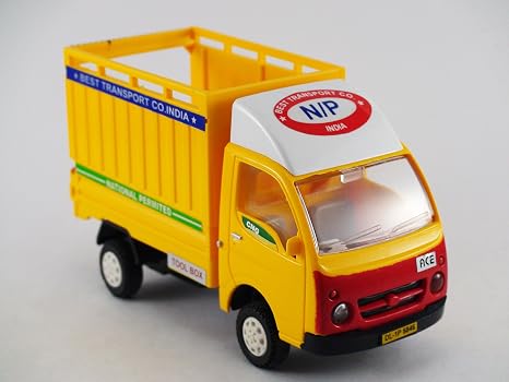 Yellow Tata Ace toy freight truck, front and opposite side view, with open cargo bed.