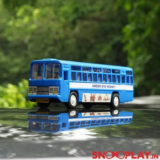 Blue city bus toy shown from the front and side, with passenger windows and white wheels