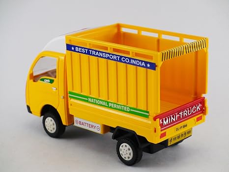 Yellow Tata Ace toy truck viewed from the rear, showing its open cargo bed and tailgate.