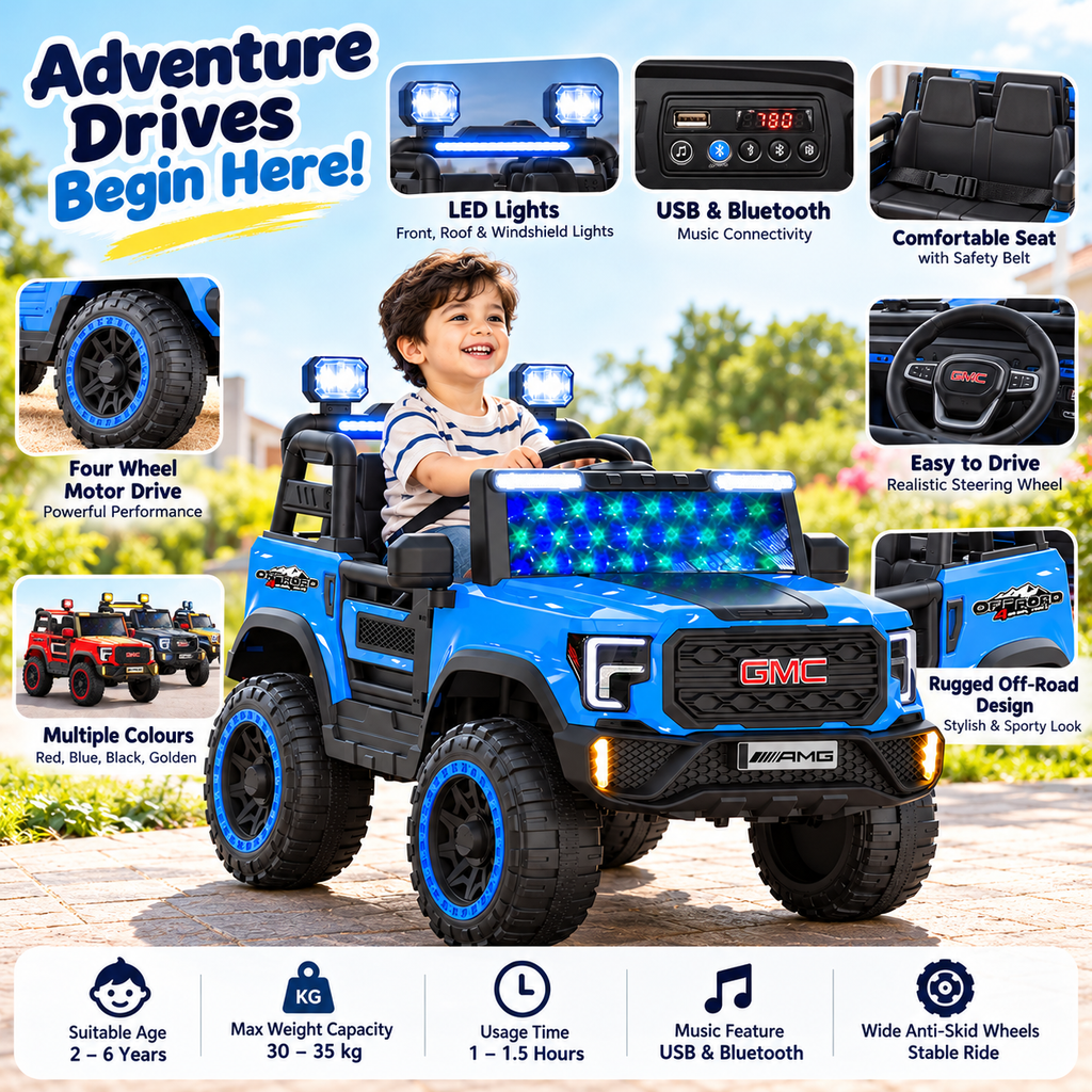 Blue kids ride-on jeep with LED lights; child seated, showing dashboard and seat area