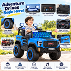 Blue kids ride-on jeep with LED lights; child seated, showing dashboard and seat area